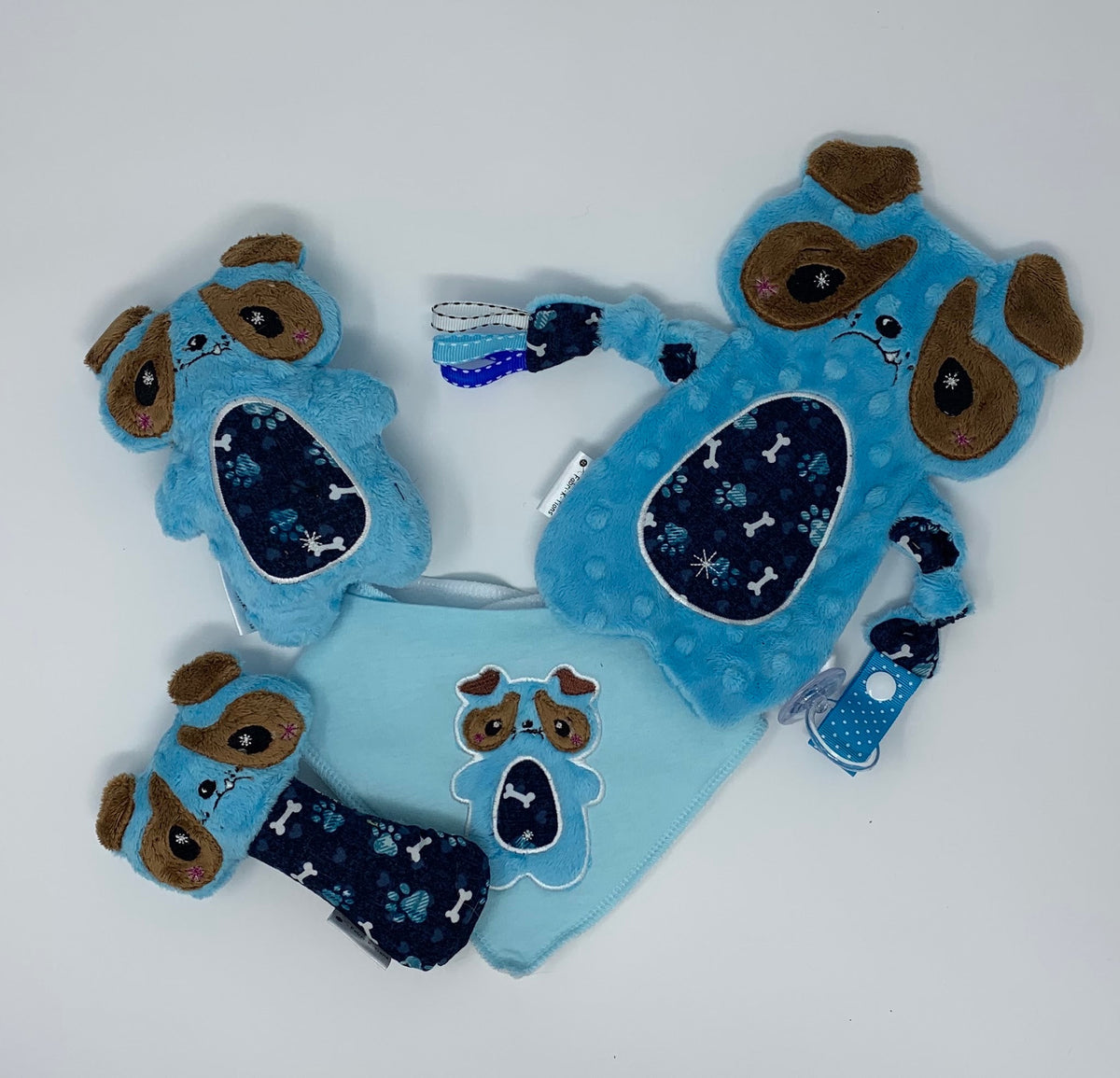 Personalized baby lovey gift set with plushie, rattle and bib, handmade in Louisville, KY