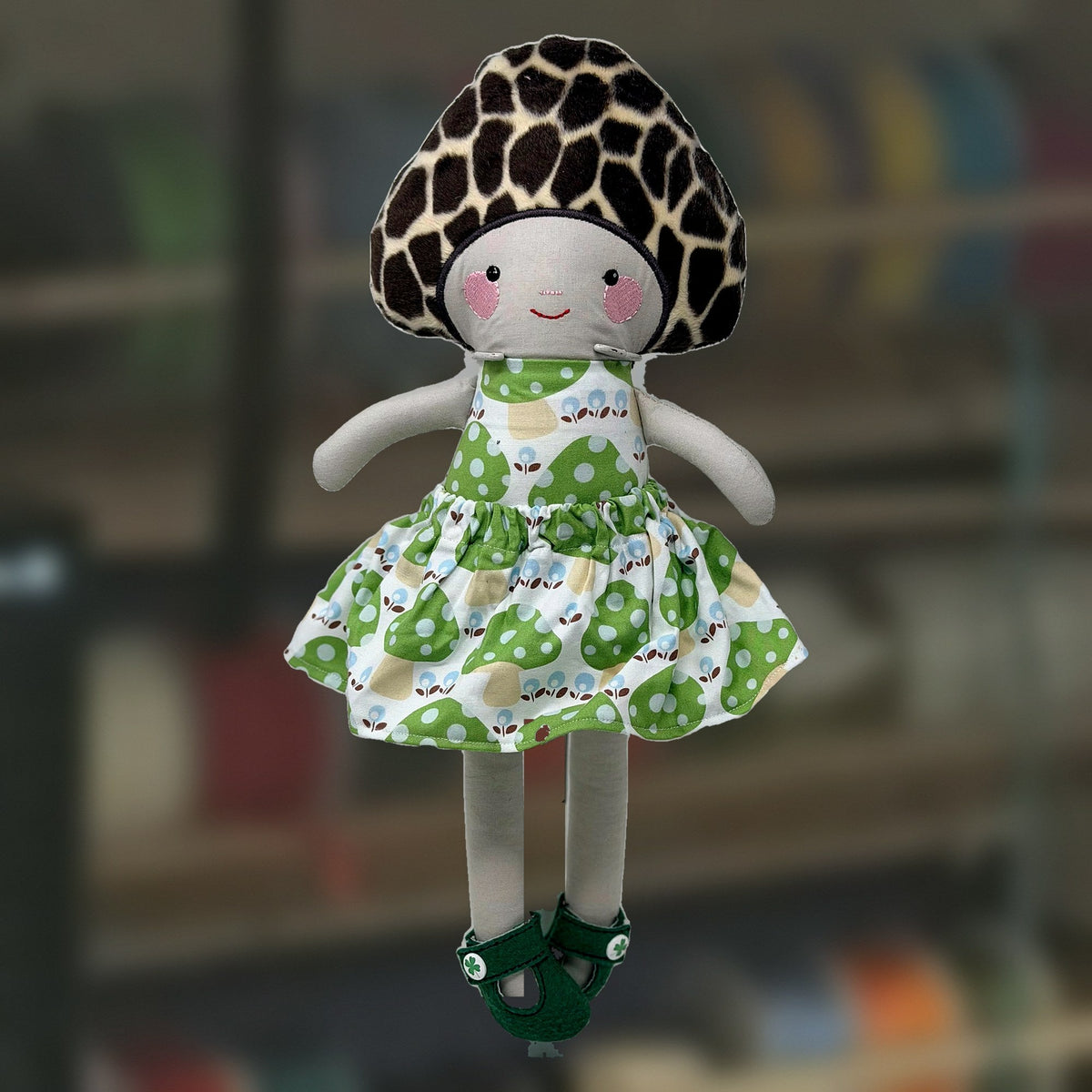 Madeline Mushroom Doll, with another mushroom cap, handmade by Fabri-K-Tions in Louisville, KY