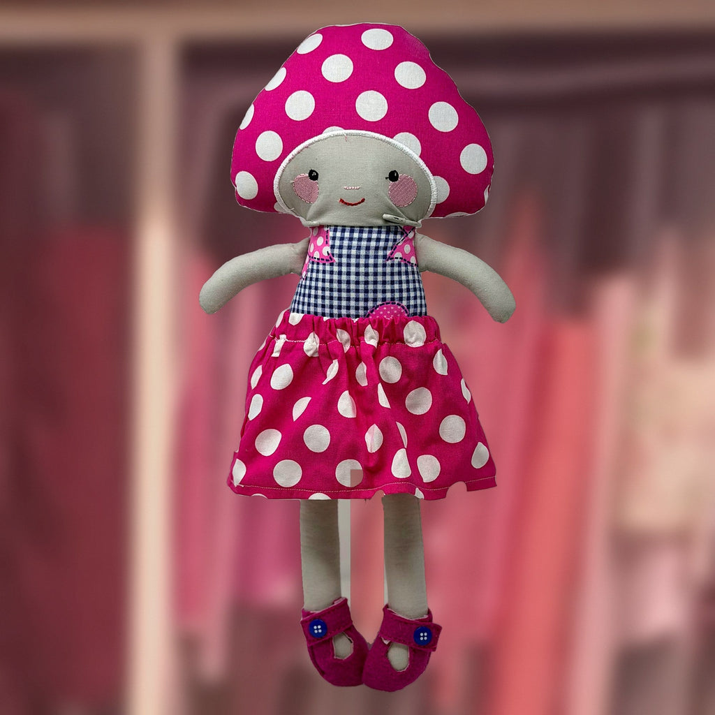 Madeline Mushroom Doll, with another mushroom cap, handmade by Fabri-K-Tions in Louisville, KY