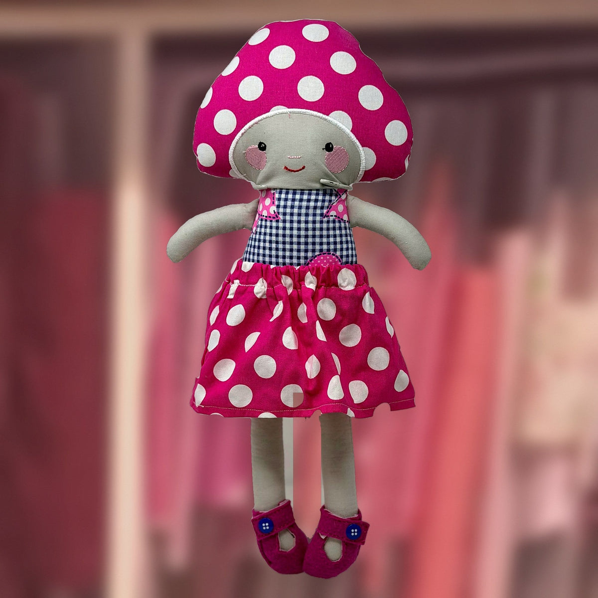 Madeline Mushroom Doll, with another mushroom cap, handmade by Fabri-K-Tions in Louisville, KY