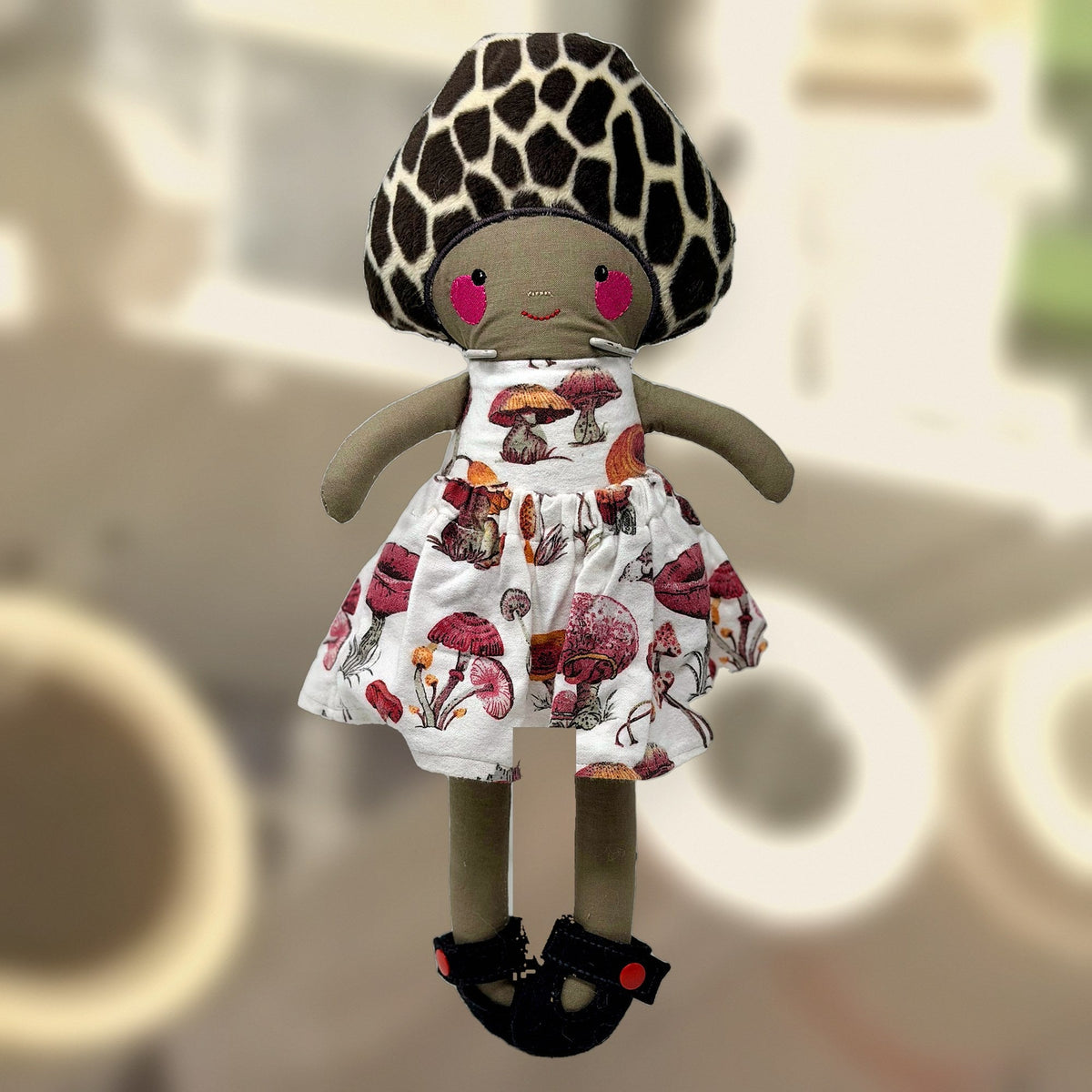 Madeline Mushroom Doll, with another mushroom cap, handmade by Fabri-K-Tions in Louisville, KY