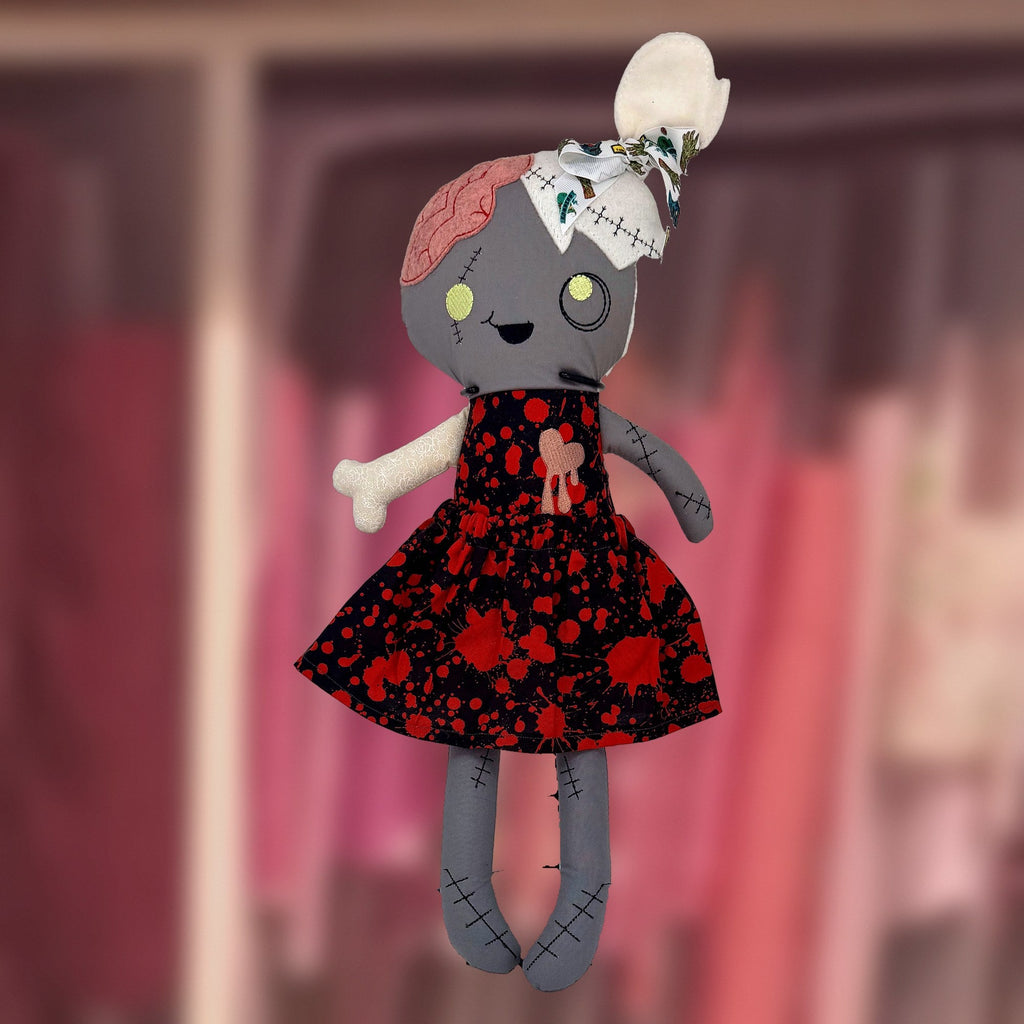 Zelda Zombie Doll, in another dress, handmade by Fabri-K-Tions in Louisville, KY