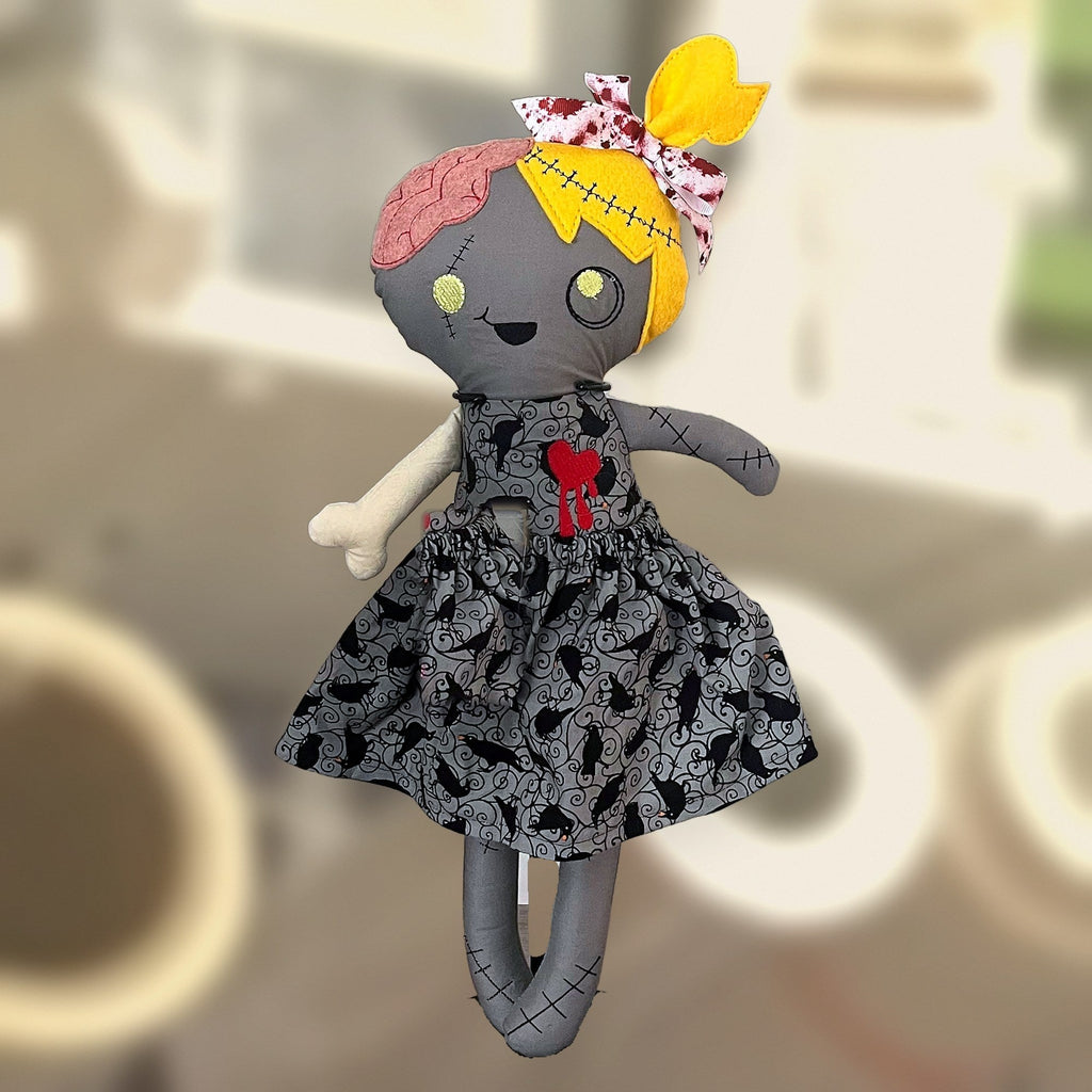 Zelda Zombie Doll, in another dress, handmade by Fabri-K-Tions in Louisville, KY