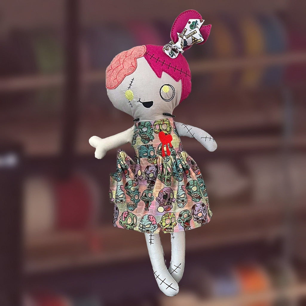 Zelda Zombie Doll, in another dress, handmade by Fabri-K-Tions in Louisville, KY