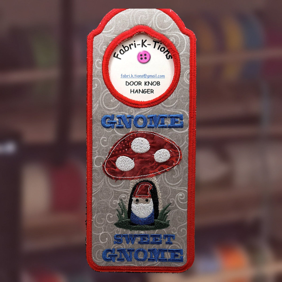 Gnome Sweet Gnome Door Knob Hanger, an embroidered fabric door hanger, handmade in Louisville, KY