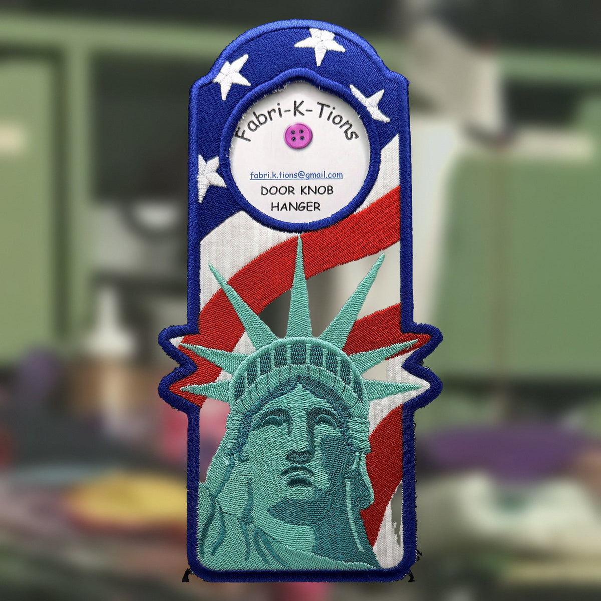 Statue of Liberty Door Knob Hanger, an embroidered fabric door hanger, handmade in Louisville, KY