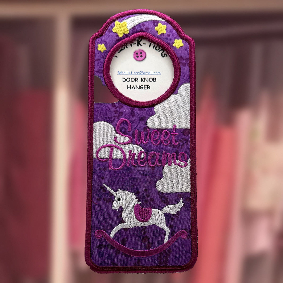 Sweet Dreams Door Knob Hanger, an embroidered fabric door hanger, handmade in Louisville, KY