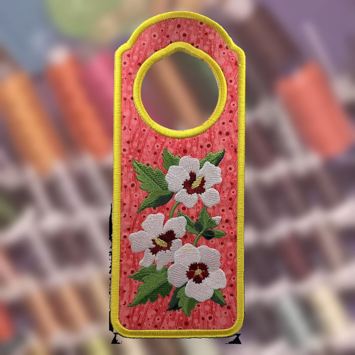 Rose of Sharon Door Knob Hanger, an embroidered fabric door hanger, handmade in Louisville, KY