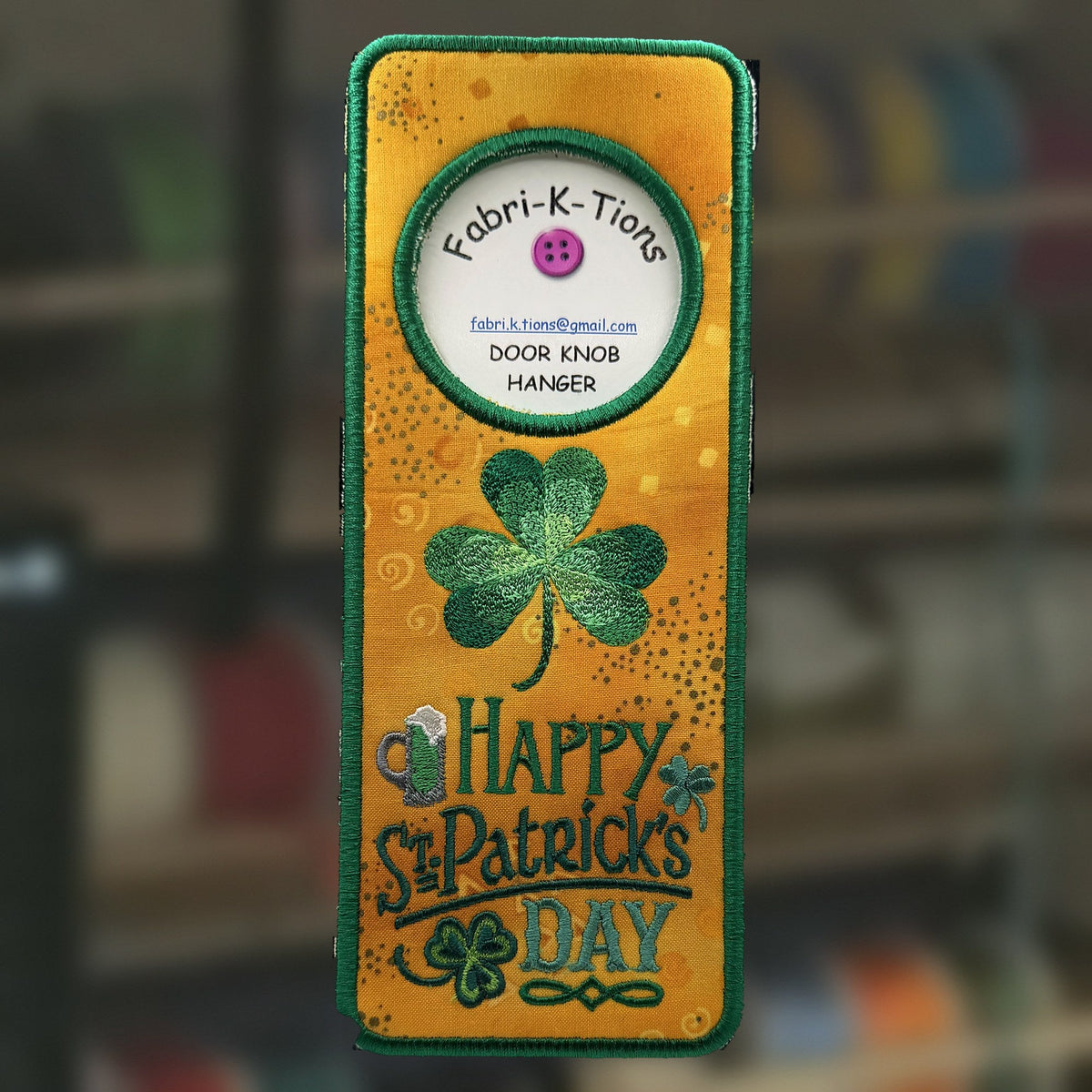 Happy St. Patrick's Day Door Knob Hanger, an embroidered fabric door hanger, handmade in Louisville, KY