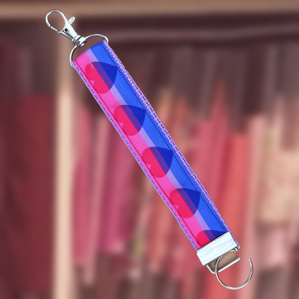 Biromantic Pride wristlet keychain in pride flag colors, handmade in Louisville, KY