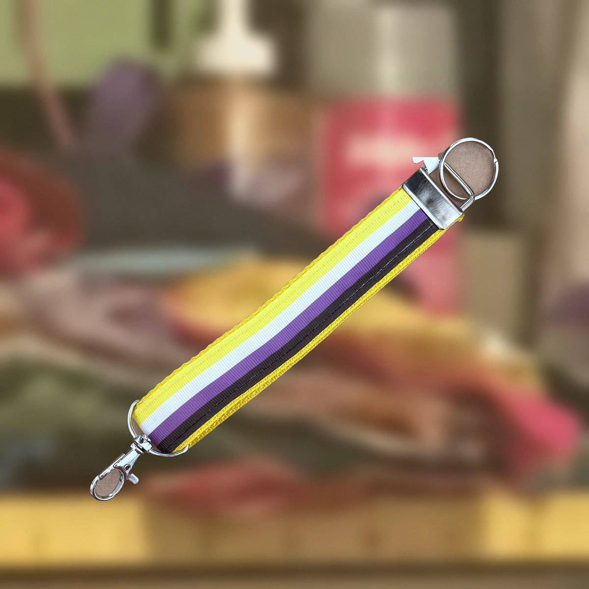 Non-Binary Pride wristlet keychain in pride flag colors, handmade in Louisville, KY