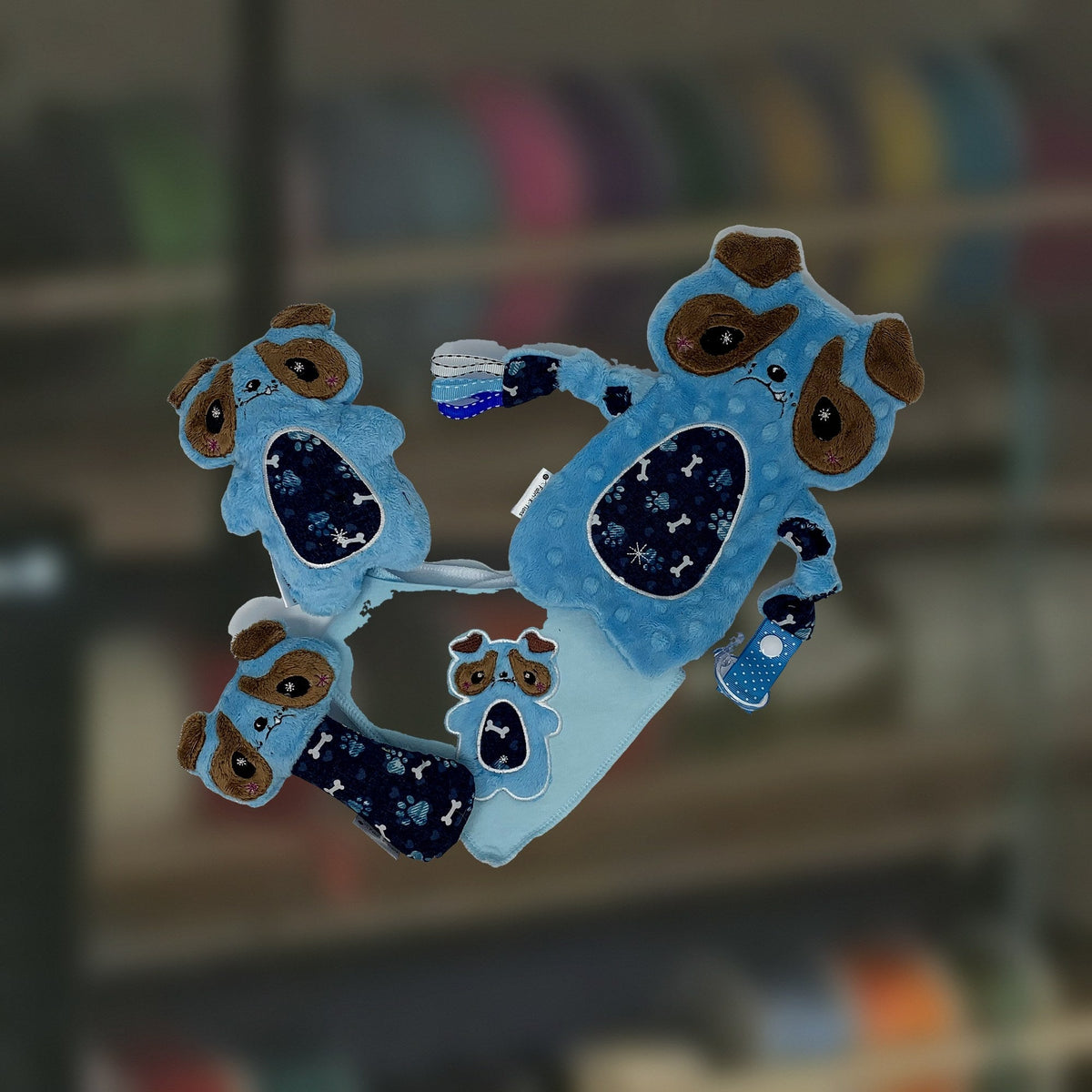 Pup baby lovey gift set with blanket, plushie, rattle and bib, handmade in Louisville, KY