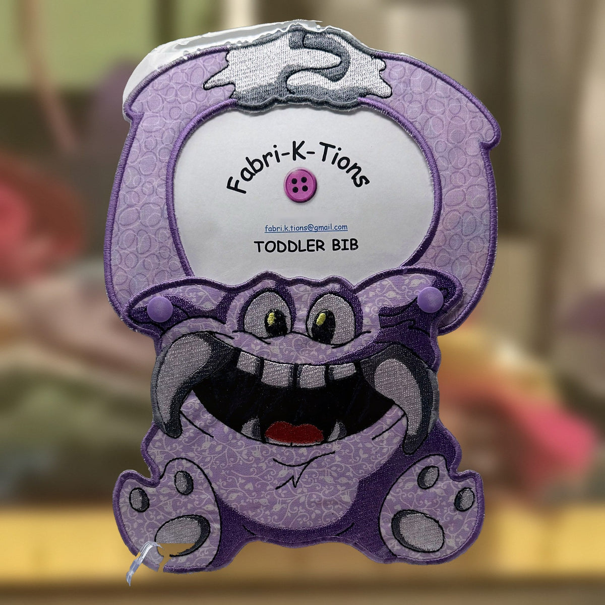 Toddler Bibs - Series 1, purple monster design, handmade by Fabri-K-Tions in Louisville, KY
