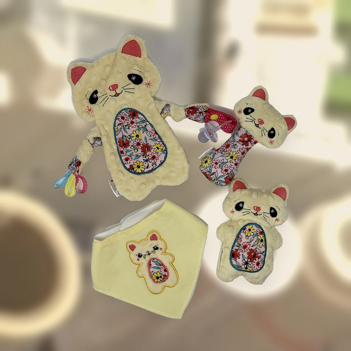 Kitty baby lovey gift set with blanket, plushie, rattle and bib, handmade in Louisville, KY