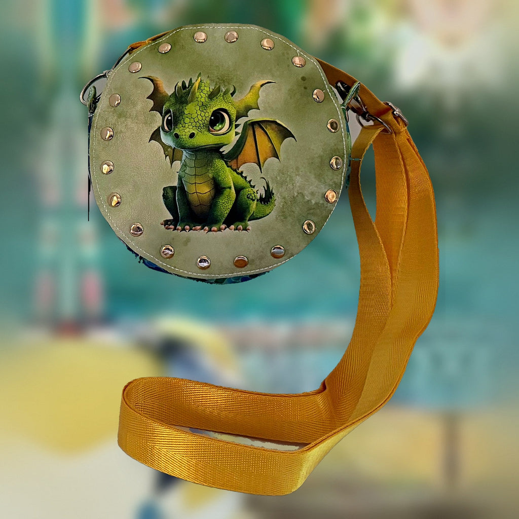 Baby Dragon Round Rivet Bag in green, handmade by Fabri-K-Tions in Louisville, KY
