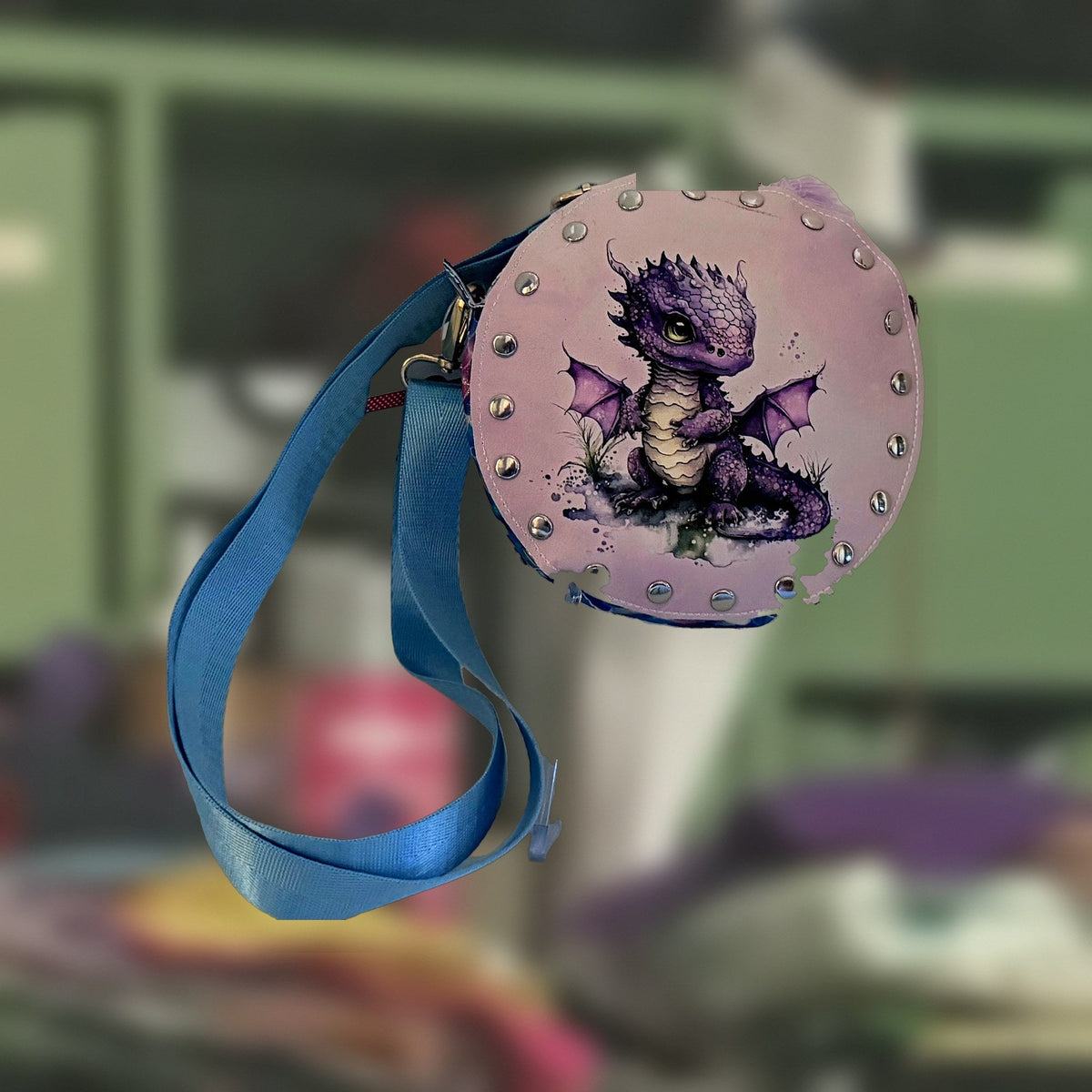 Baby Dragon Round Rivet Bag in purple, handmade by Fabri-K-Tions in Louisville, KY