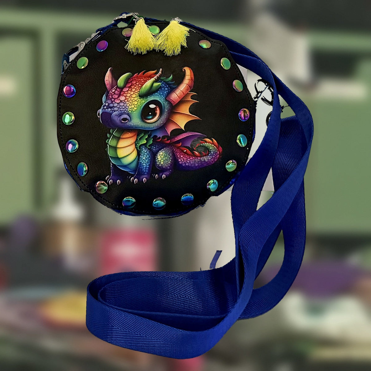 Baby Dragon Round Rivet Bag in rainbow, handmade by Fabri-K-Tions in Louisville, KY