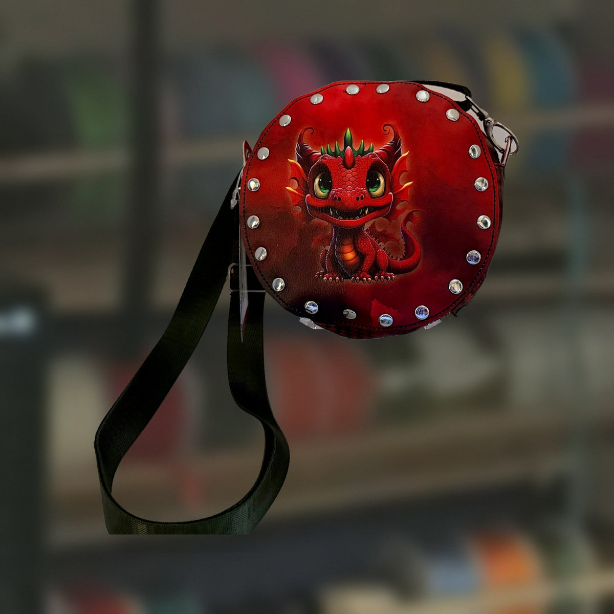 Baby Dragon Round Rivet Bag in red, handmade by Fabri-K-Tions in Louisville, KY