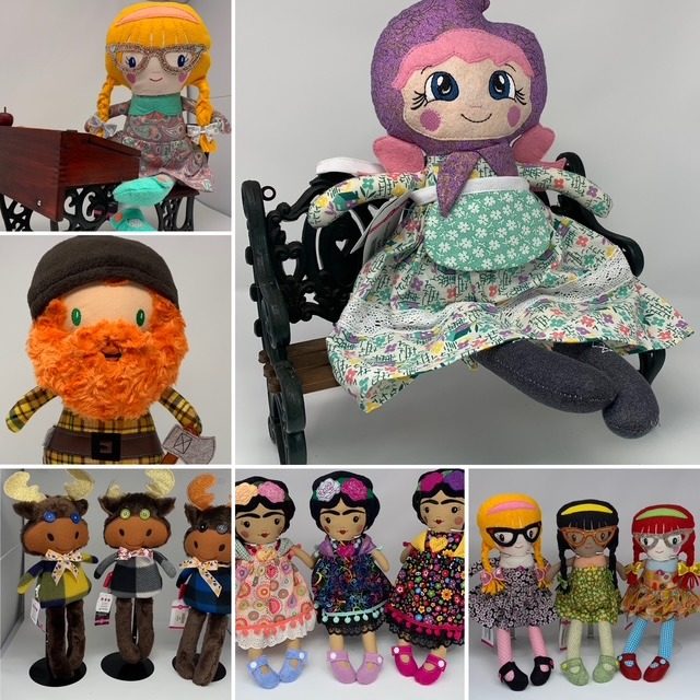 Collage of handmade cloth dolls in many sizes and outfits