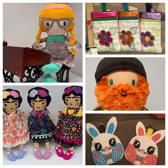 Collage of handmade cloth dolls, embroidered pouches and bunny softies